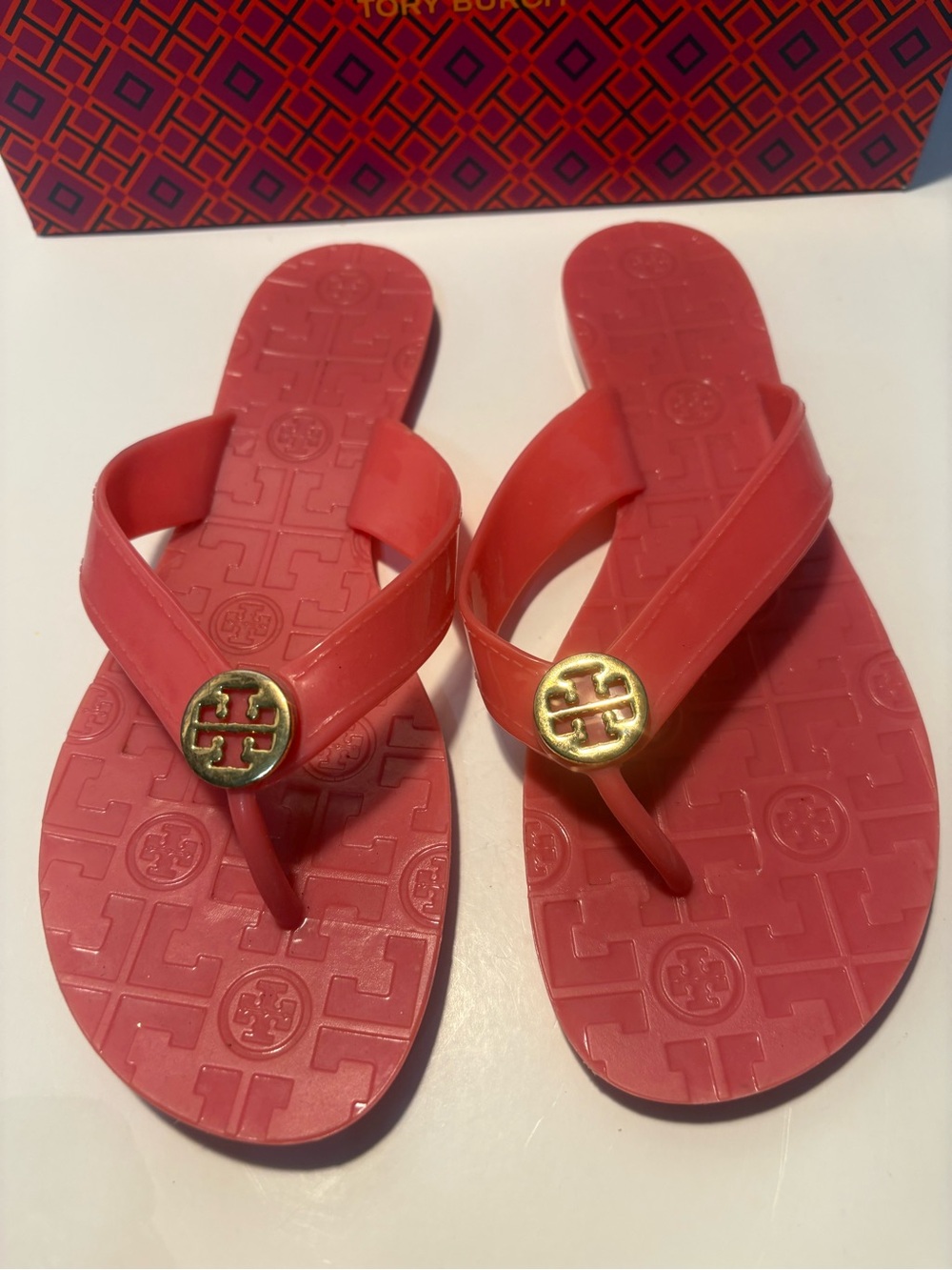 Tory Burch Coral Jelly Logo Thong Sandals with Gold Emblem